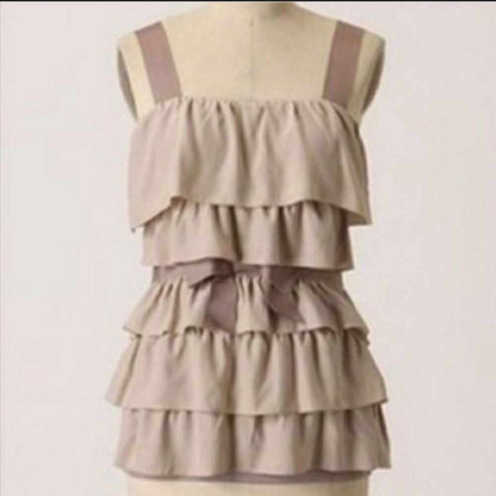 Anthropologie Bordeaux Top, Sz S Silk Tank Ruffle Tier Blouse beige with bow